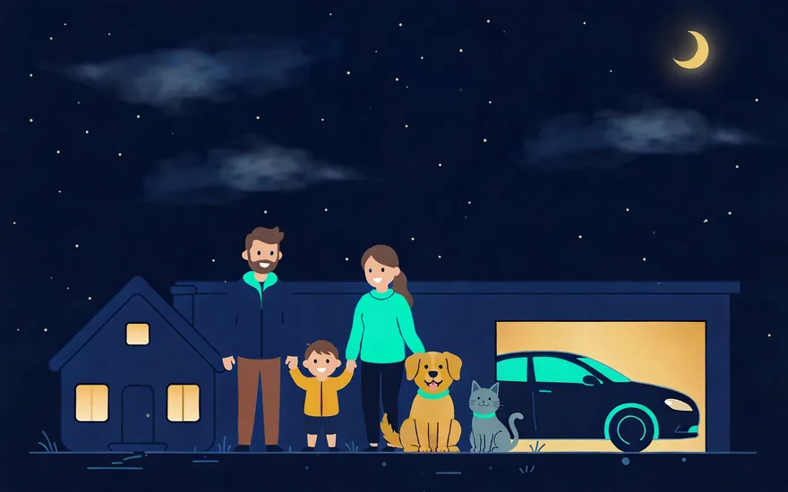 A family with their dog and cat in front of their blue house and its garage with the car inside, under a small golden crescent moon